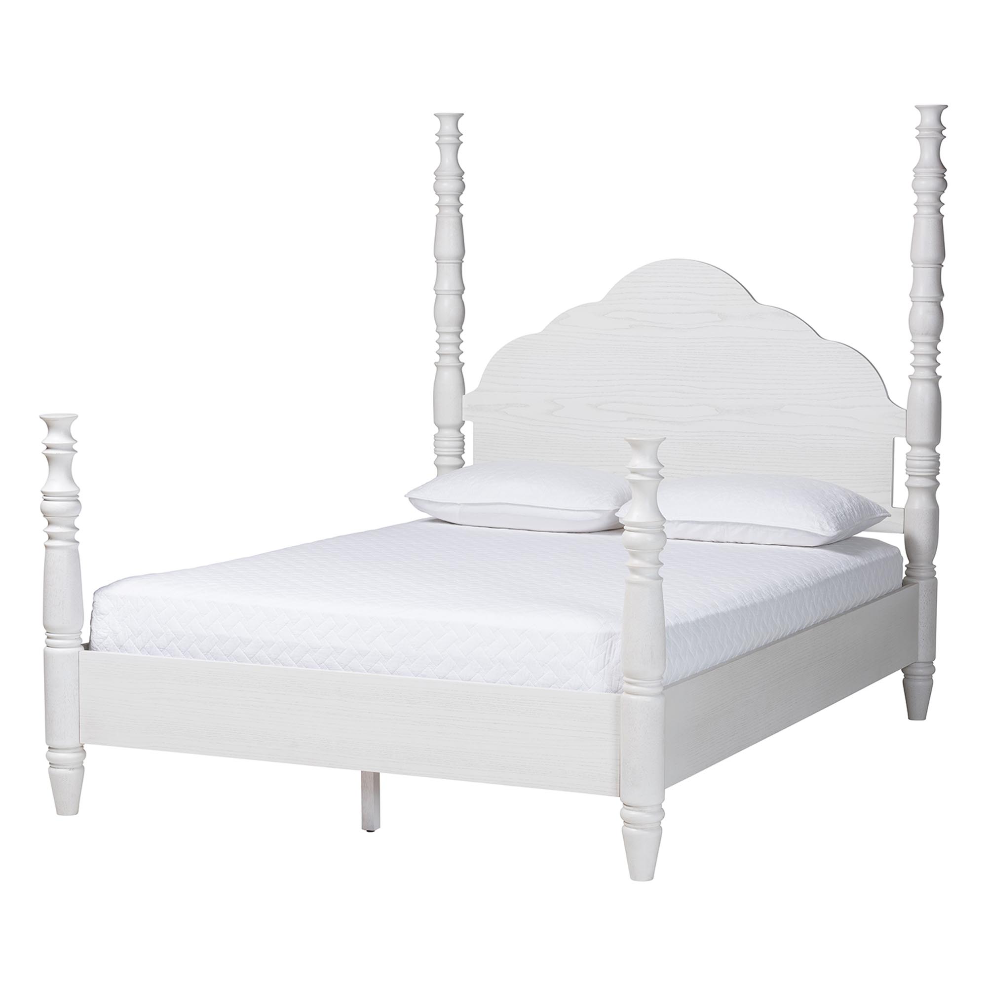 Baxton Studio Martino Four-Poster Platform Bed - Sculpted Post Bed Frame with Panel Headboard, Vintage Spindle Bed, White, King Affordable modern furniture in Chicago, classic bedroom furniture, modern king size, cheap king size